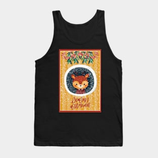 Cute Christmas card with a little reindeer looking out of a window. Outside snowing. Tank Top